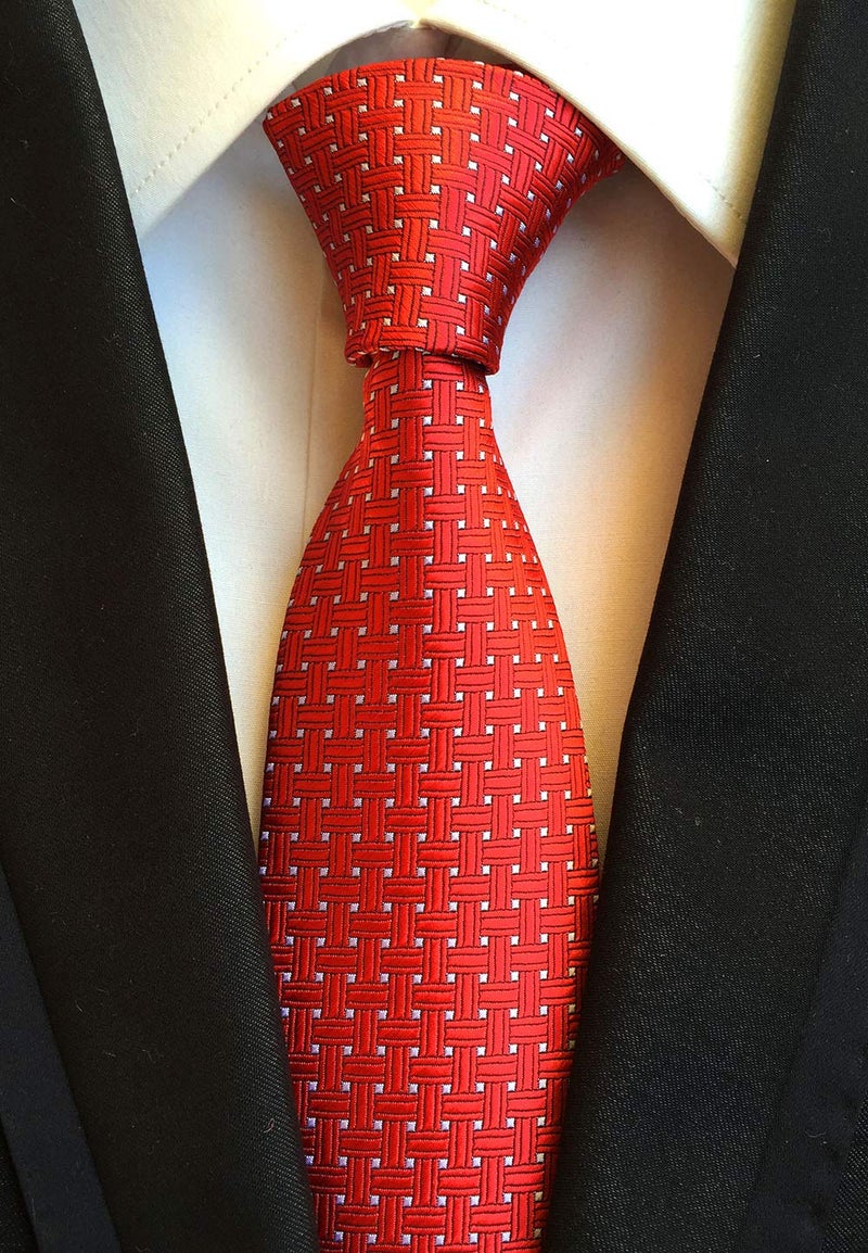Ctskyte Men's Hot Red White Jacquard Woven Silk Clip on Tie Business Formal Self Necktie - Image 2